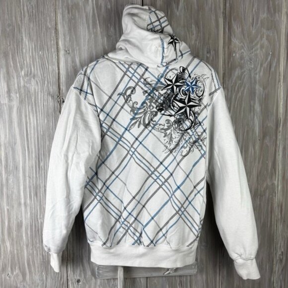 VTG Sapphire Lounge Y2K Tribal White Full Zip Hoodie Mens S Sherpa Skate Skull - Picture 4 of 10